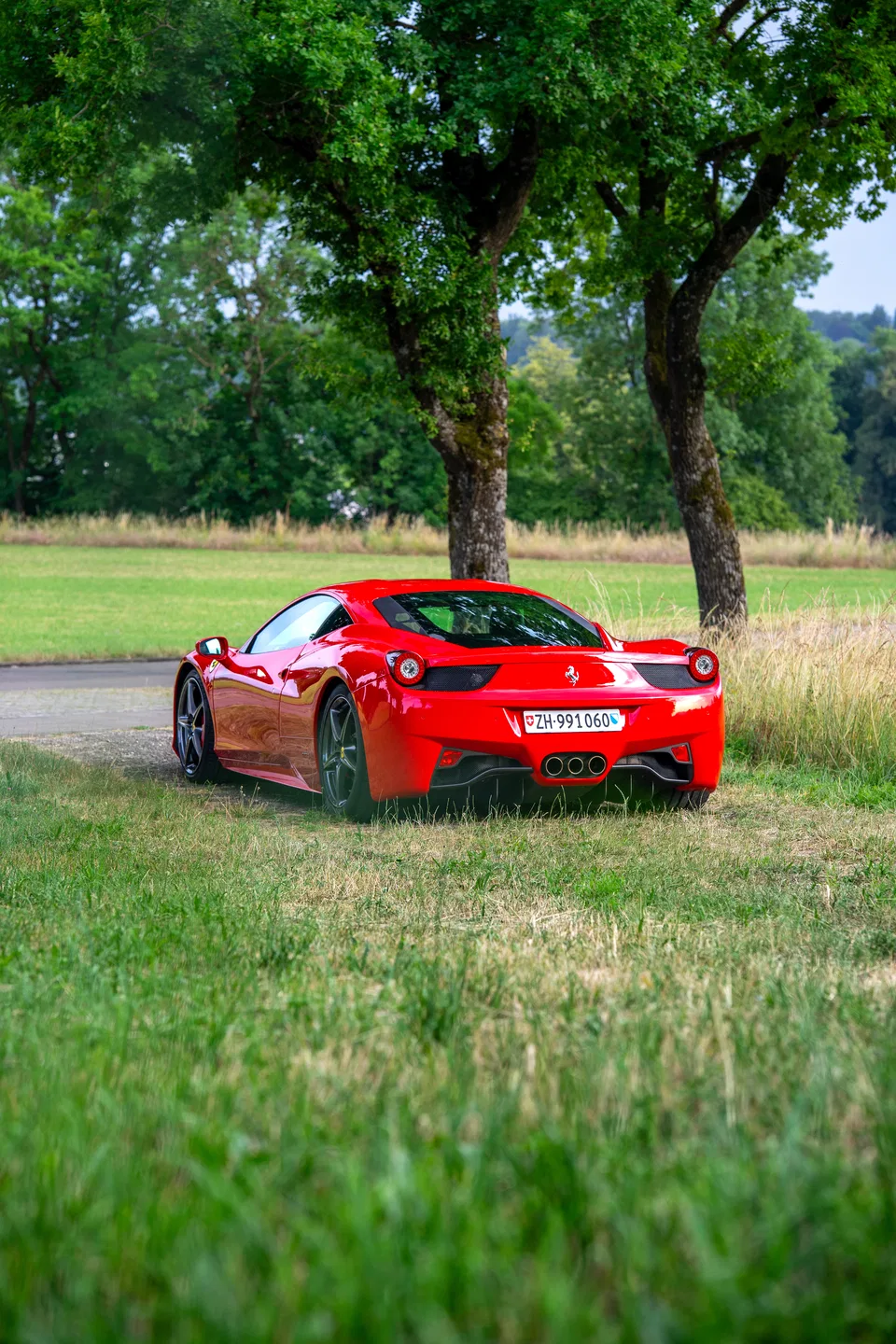 Rear three-quarter view of the Ferrari 458 Italia beneath a tree