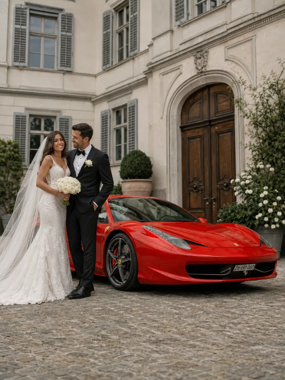 Wedding couple beside the Ferrari 458 Italia