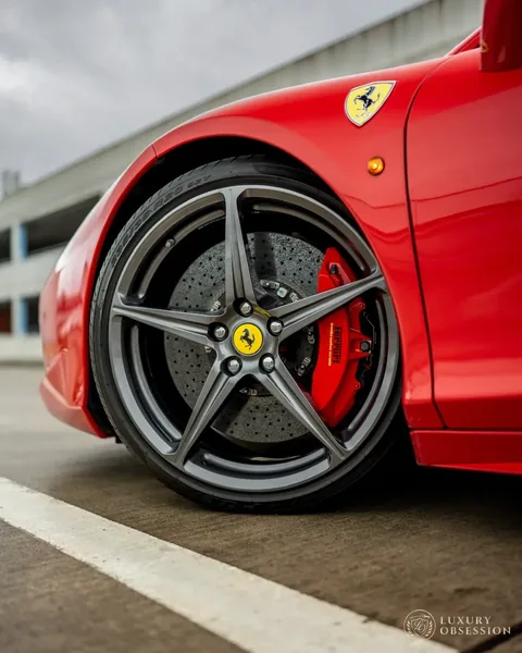 Ferrari-Felge mit Carbon-Keramik-Bremse und rotem Bremssattel