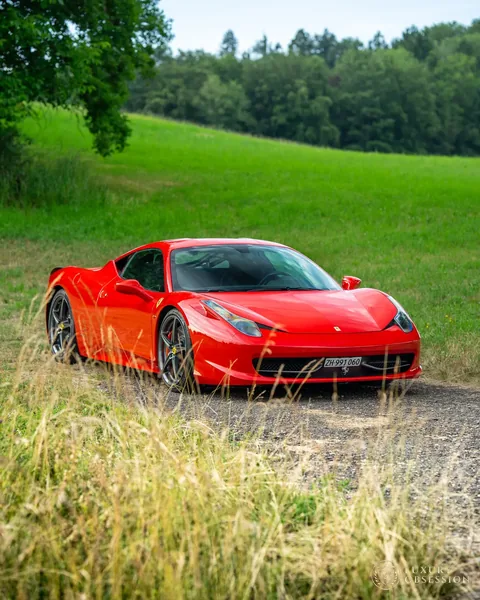 Ferrari 458 Italia zwischen hohem Gras und grünen Feldern