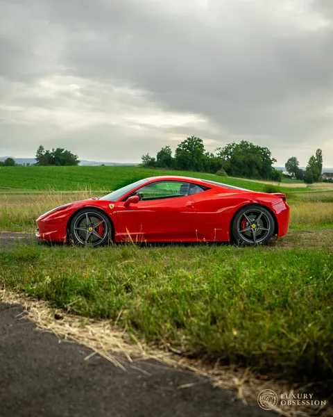 Seitenprofil des Ferrari 458 Italia neben offenen Feldern