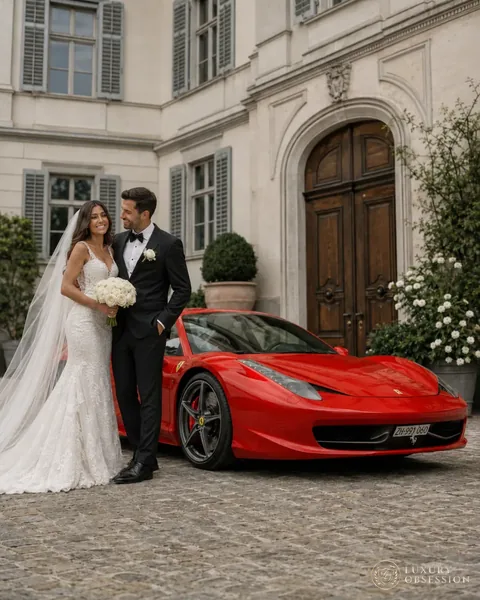 Brautpaar neben dem Ferrari 458 Italia